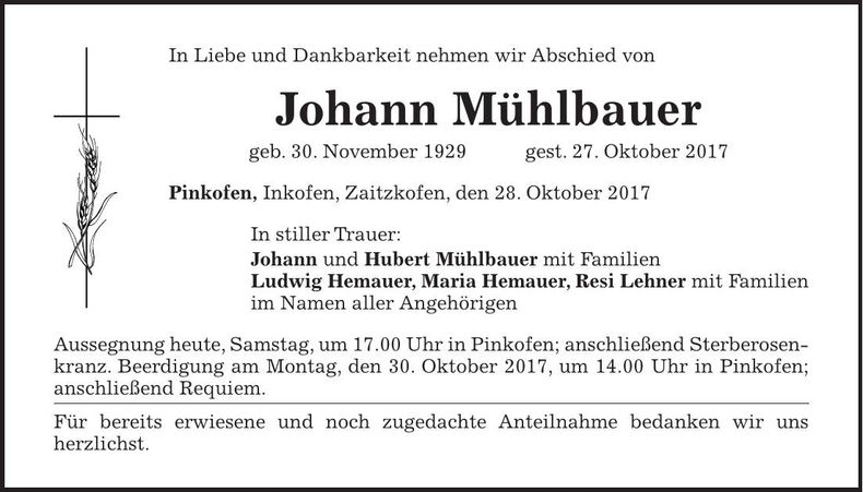 Traueranzeige Johann Mühlbauer