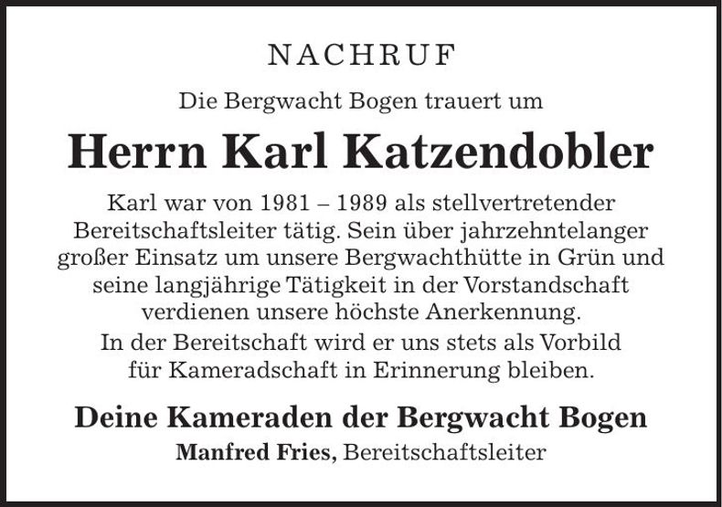 Traueranzeige Karl Katzendobler