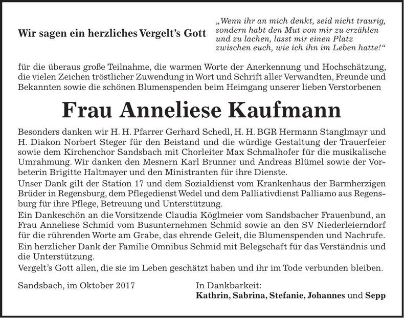 Traueranzeige Anneliese Kaufmann