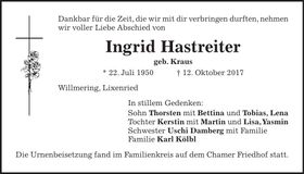 Traueranzeige Ingrid Hastreiter