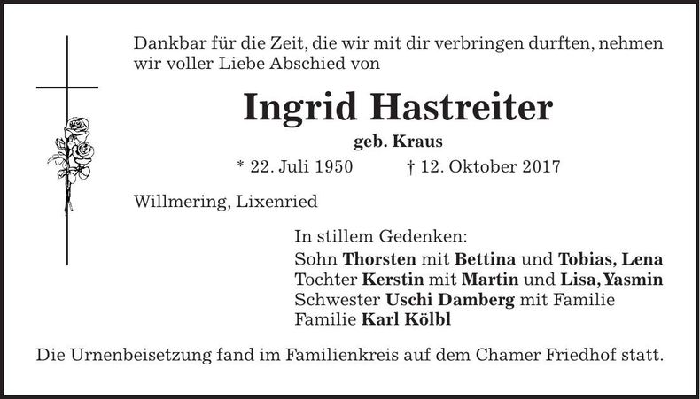 Traueranzeige Ingrid Hastreiter