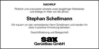 Traueranzeige Schellmann Stephan