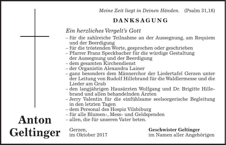 Traueranzeige Anton Geltinger