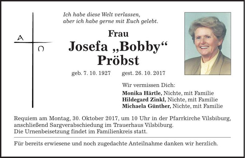 Traueranzeige Josefa Pröbst