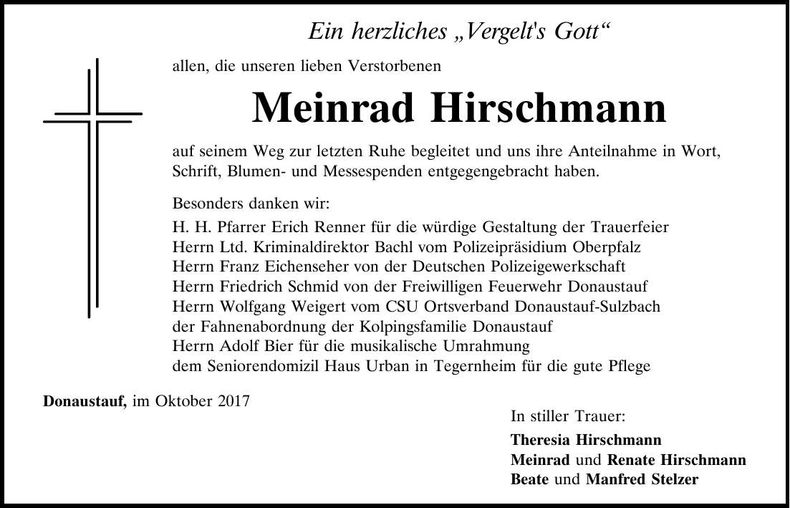 Traueranzeige Meinrad Hirschmann