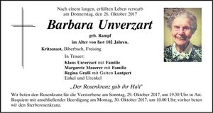 Traueranzeige Barbara Unverzart