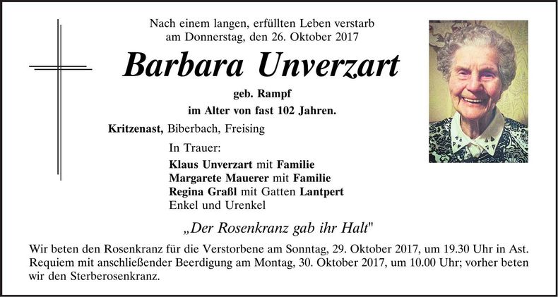 Traueranzeige Barbara Unverzart