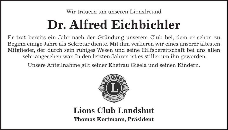 Traueranzeige Alfred Eichbichler