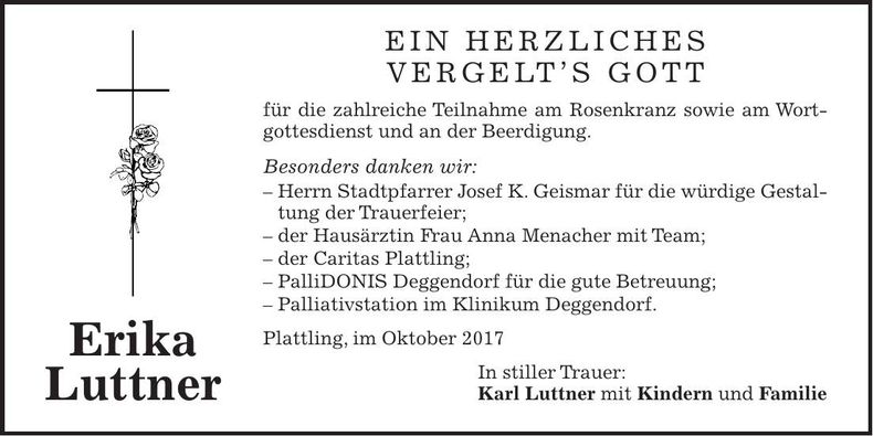Traueranzeige Erika Luttner