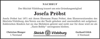 Traueranzeige Josefa Pröbst