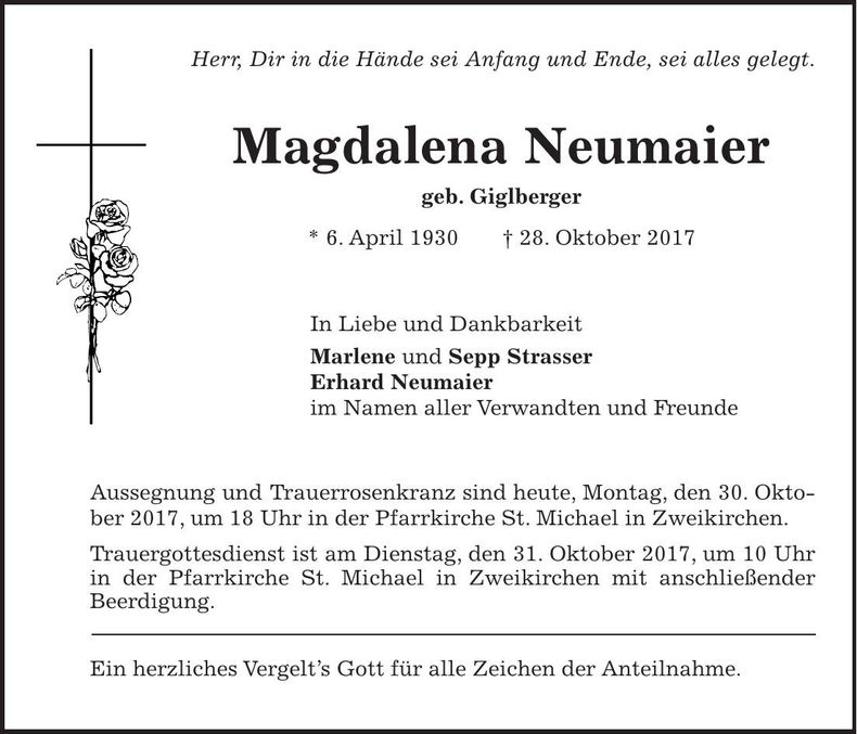 Traueranzeige Magdalena Neumaier