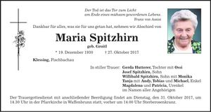 Traueranzeige Maria Spitzhirn