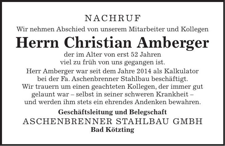 Traueranzeige Christian Amberger