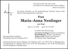 Traueranzeige Maria-Anna Neulinger