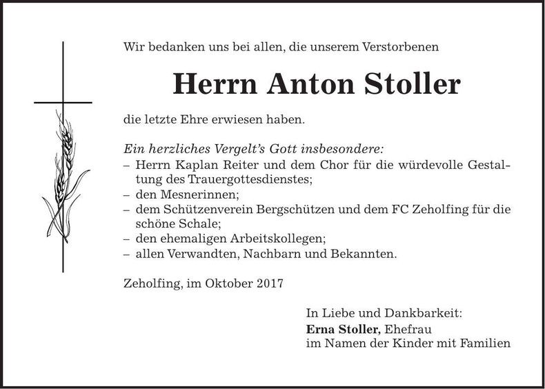 Traueranzeige Anton Stoller