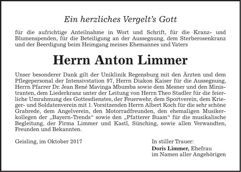 Traueranzeige Anton Limmer