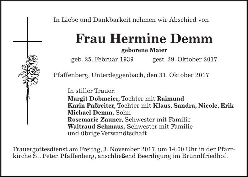 Traueranzeige Hermine Demm