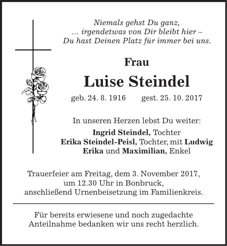 Traueranzeige Luise Steindel