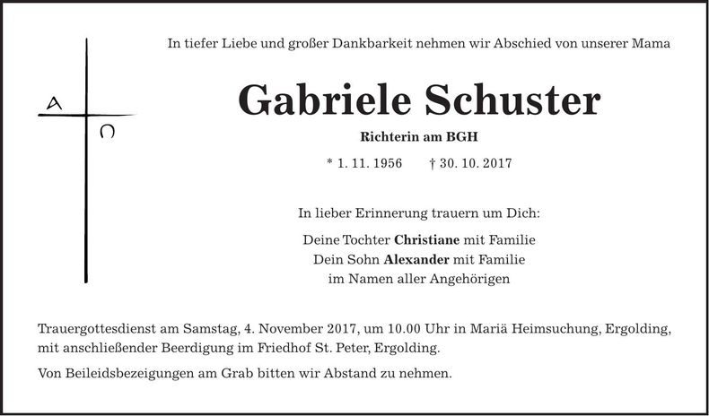 Traueranzeige Gabriele Schuster