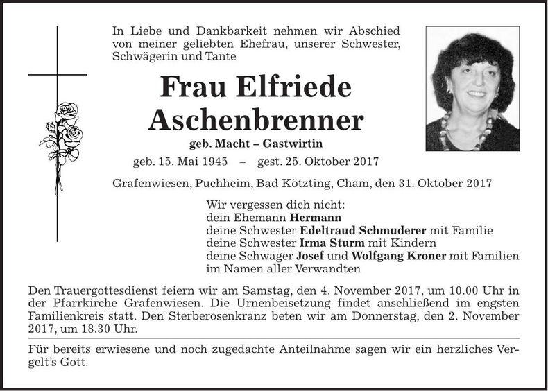 Traueranzeige Elfriede Aschenbrenner