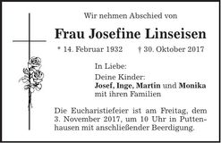 Traueranzeige Josefine Linseisen