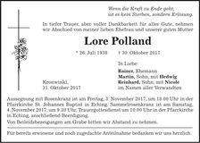 Traueranzeige Lore Polland