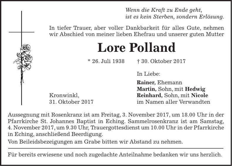 Traueranzeige Lore Polland