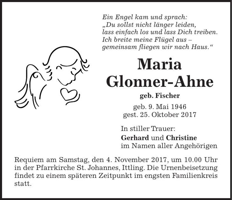 Traueranzeige Maria Glonner-Ahne