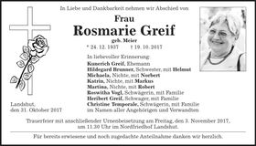 Traueranzeige Rosmarie Greif
