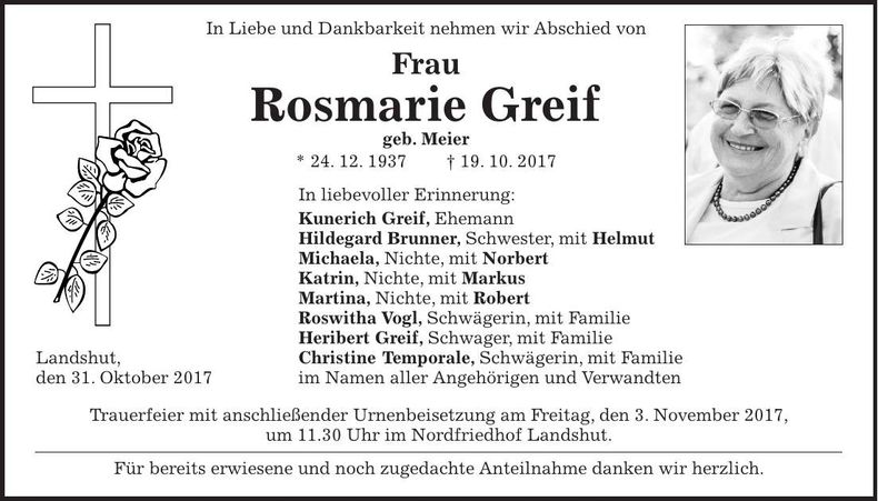 Traueranzeige Rosmarie Greif