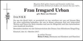 Traueranzeige Irmgard Urban