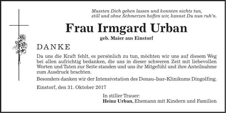 Traueranzeige Irmgard Urban