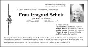 Traueranzeige Irmgard Schott