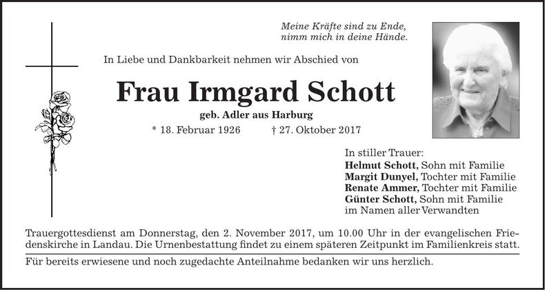 Traueranzeige Irmgard Schott