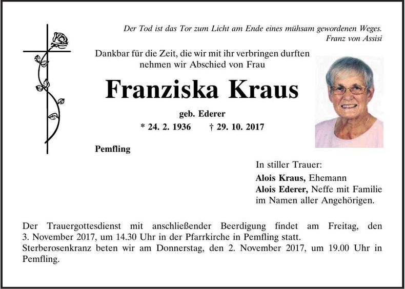 Traueranzeige Franzsika Kraus