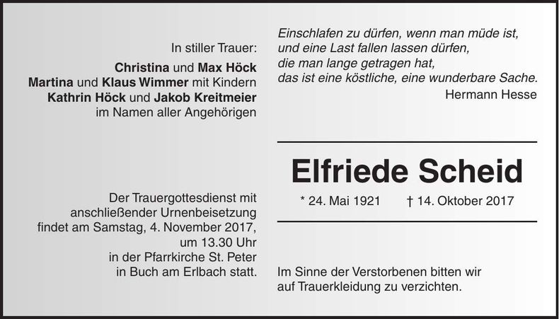 Traueranzeige Elfriede Scheid