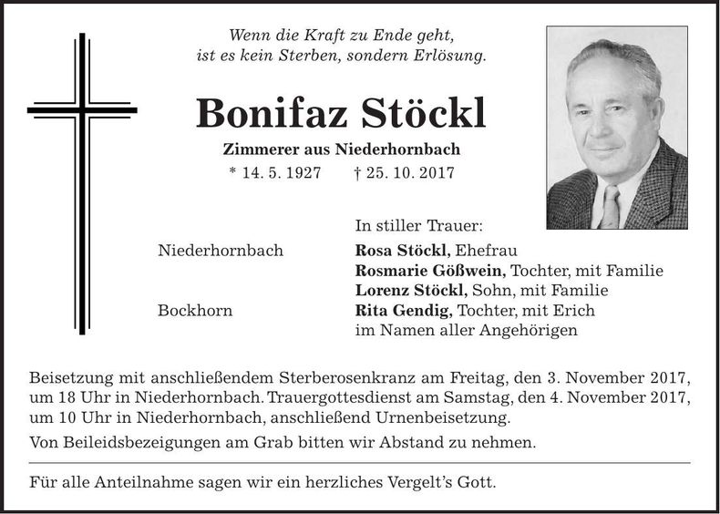 Traueranzeige Bonifaz Stöckl