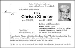 Traueranzeige Christa Zimmer