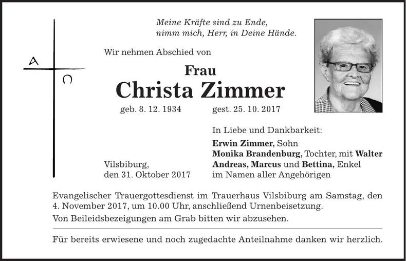 Traueranzeige Christa Zimmer