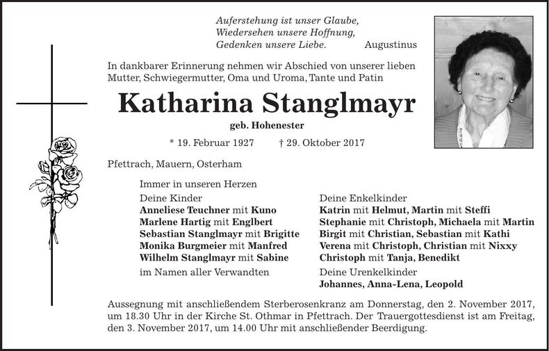 Traueranzeige Katharina Stanglmayr
