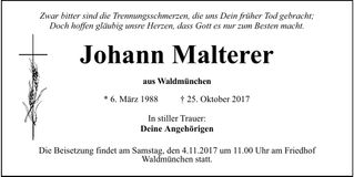 Traueranzeige Johann Malterer