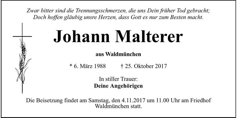 Traueranzeige Johann Malterer