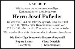 Traueranzeige Josef Fußeder