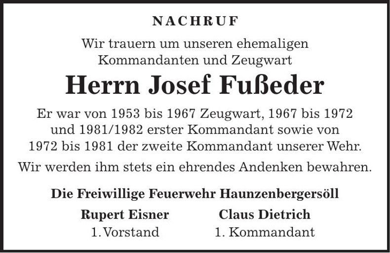 Traueranzeige Josef Fußeder