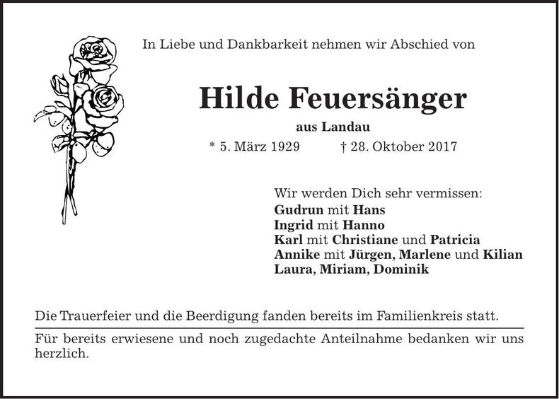 Traueranzeige Hilde Feuersänger
