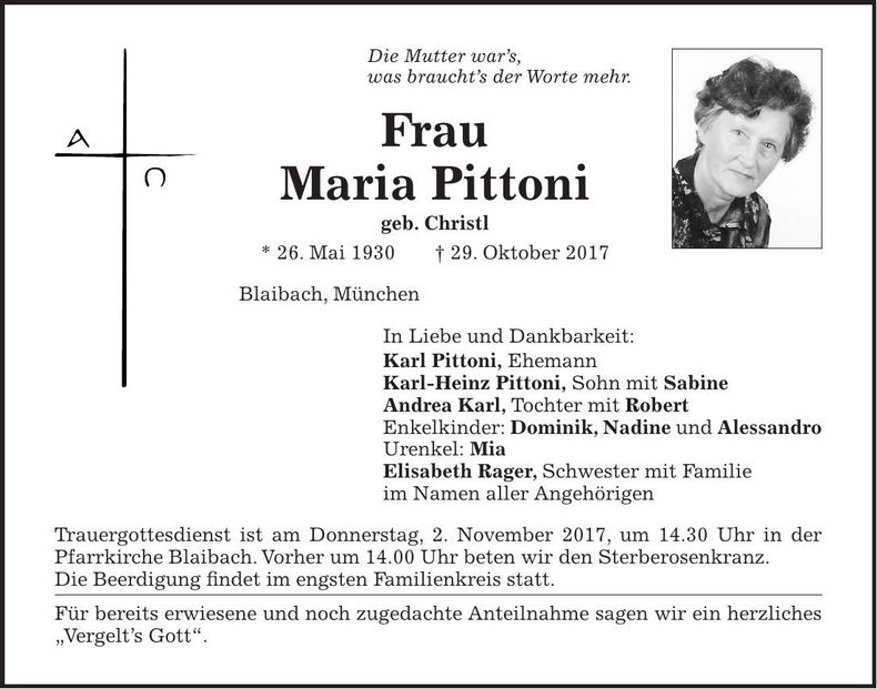 Traueranzeige Maria Pittoni