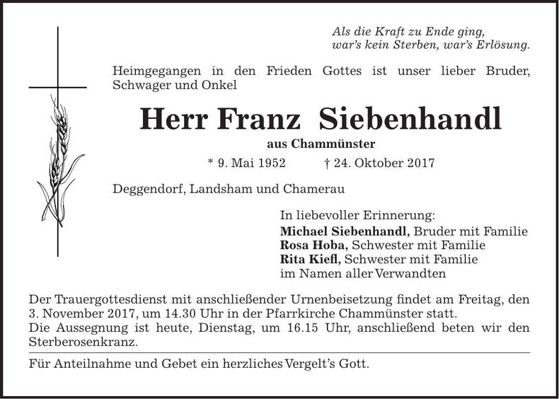 Traueranzeige Franz Siebenhandl