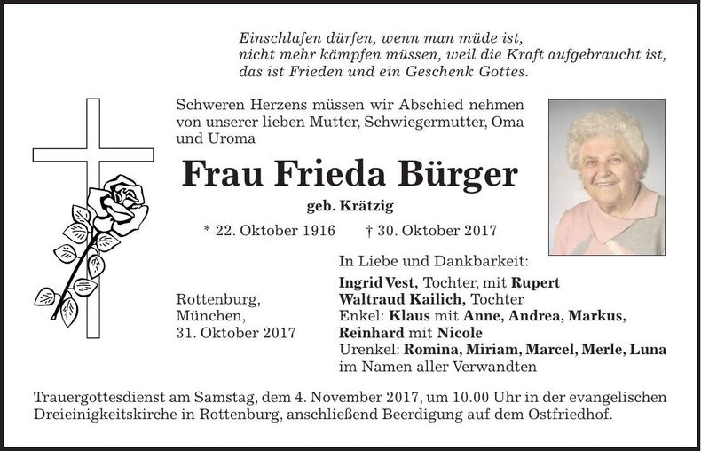 Traueranzeige Frieda Bürger