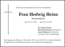Traueranzeige Hedwig Heinz