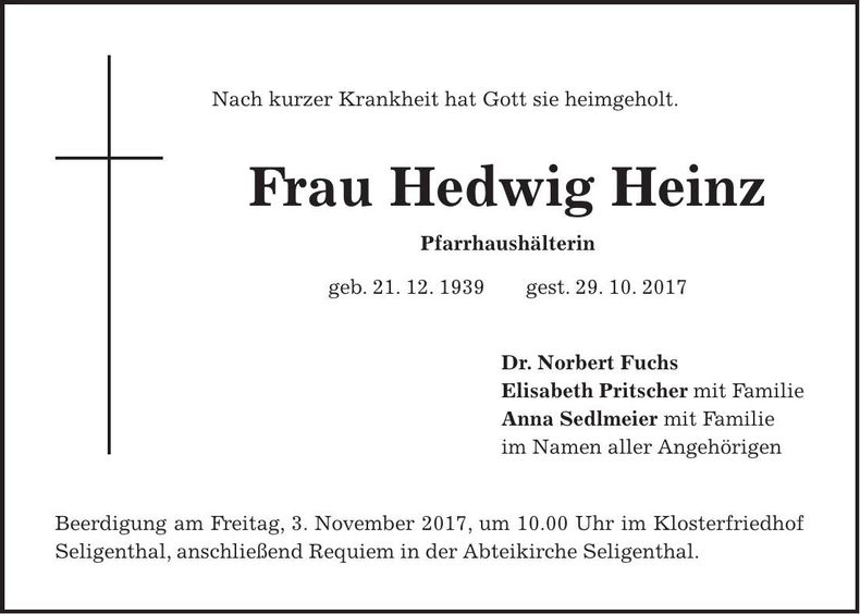 Traueranzeige Hedwig Heinz